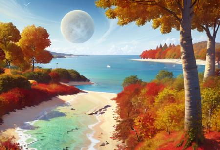 ((highly detailed, extremely detailed CG unity 8k wallpaper, illustration, highres, absurdres)), ((masterpiece)),
 <lora:nomansky:1>tree, outdoors, scenery, moon, cloud, sky, day, aircraft, autumn leaves, water, full moon, grass, leaf, ocean, autumn