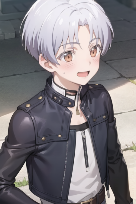 pastry,1boy,solo,male focus,grey hair,brown eyes,upper body,smile,blush face,open mouth,(leather jacket),