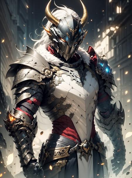 (masterpiece:1.2, best quality:1.1),8K,intricate details,HD,best illustration,wall-paper,intricate details,8K Hd wallpaper:1.6,
1boy, solo, male focus, armor, glowing, letterboxed, glowing eyes, helmet, upper body, fire, white hair, horns, looking at viewer, embers, full armor, orange eyes, mask, shoulder armor, long hair, fur trim, pauldrons, gauntlets, artist name, helm, black armor, <lora:cnjj_20230628055345:0.7>