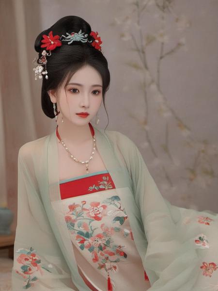 a girl in traditional dress while with a flowered design on it,1girl, solo, long hair, black hair, hair ornament, long sleeves, holding, jewelry, upper body, earrings, hair bun, Chinese clothes, red dress, realistic， looking at viewer, in the bedroom