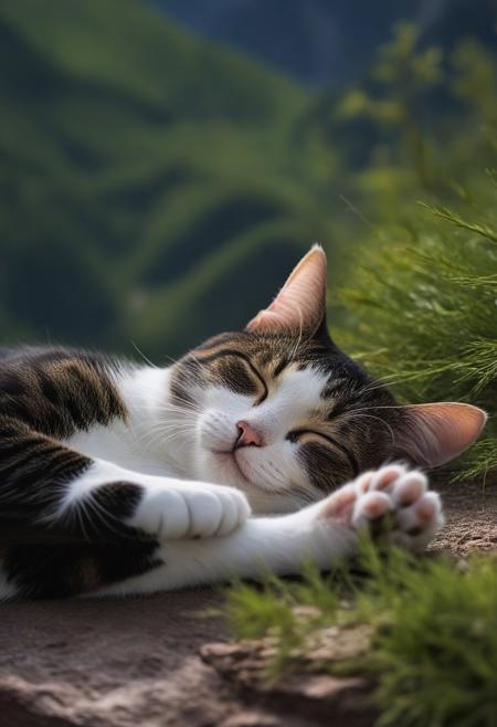 realistic, solo, cat, cute, sleeping, light_particles, nature, mountain, depth of field, the best quality, amazing quality, high quality, masterpiece,