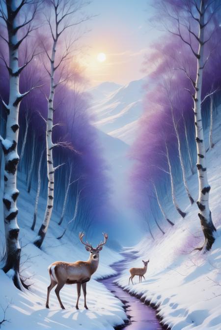 xl_kk, a snowy deer stood on a snowy path, silver birch and holly, dense woodland, mountains, wwhite blue and purple light, <lora:Saturated_Landscape_XL-KK:1>