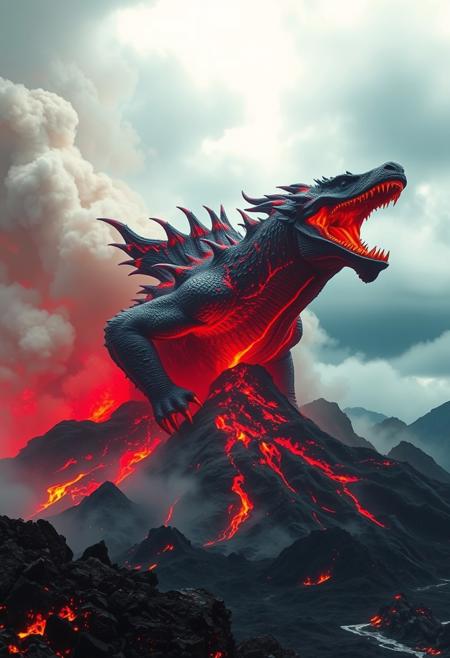 A hyper-realistic and super-detailed wide image of a colossal lava monster emerging from an erupting volcano. The surroundings are stunningly detailed