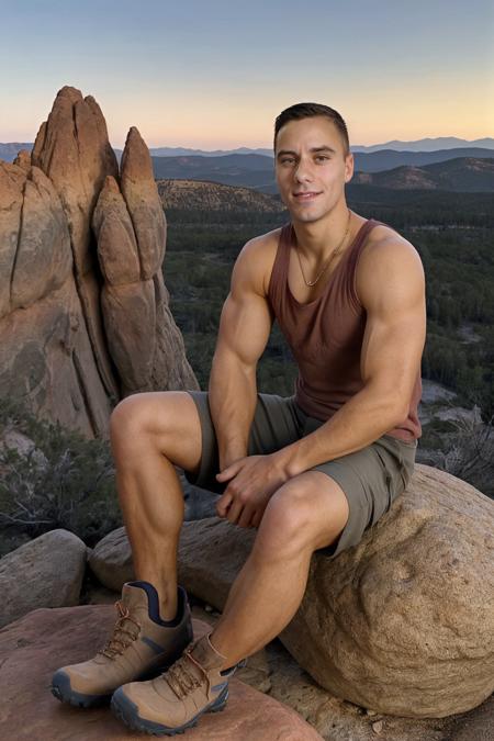 <lora:jake_dalton-04:0.75> photo of jake_dalton, natural relaxed expression, sitting on a boulder, wearing a tank top and cargo shorts and (hiking boots), posing in a Nevada state park, red sandstone peaks, golden hour, natural lighting, wristband, necklace