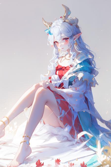 masterpiece, best quality,
solo,blush,
full body,
1gir,yaoyao,silver hair,dress,pointy ears,blue capelet,(white horns:1.2),bow,
sitting, looking at viewer,
white simple background, 
<lora:yaoyao_v0.4:0.85>