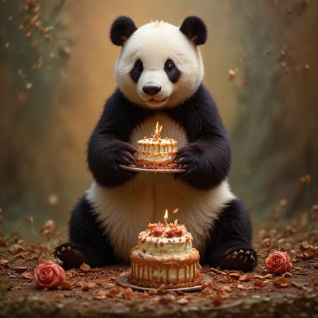 flux-style, 
(((anthropomorphic panda bear, holding a birthday cake, extreme detailed))), (morning, chinese garden background, warm tone gradient background, extreme detailed), (((extreme detailed professional painting))), (((dramatic pose, epic cinematic shot))), (((hdr, raytracing, professional unique masterpiece,  highly professionally detailed, intricate details, hyperdetailed, beautiful natural soft light, highly detailed textures, professional composition, beautiful coherent professional, detailed reflections, highly detailed atmosphere))), natural color scheme, dynamic shaders
trending on artstation, featured on pixiv, cinematic composition, extreme detail, metahuman creator,
dramatic lighting, cinematic, detailed textures, bokeh, 
natural lighting, 4k uhd, dslr, soft lighting, high quality, Fujifilm XT3