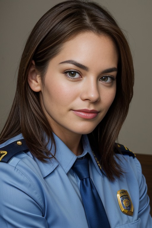 AthMa5TTXV1D,
a beautiful female police officer in uniform posing for masterpiece photo, sits on a chair at the workplace,...