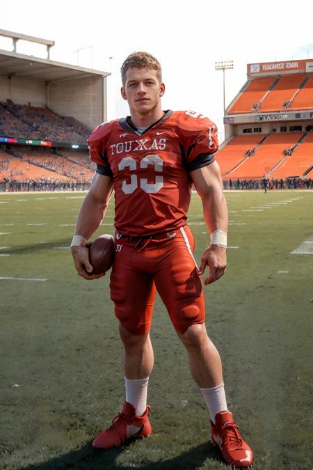 On a football field, holding a football, ZacDeHaan, University of Texas football player wearing (University of Texas football uniform), (((full body portrait))),  wide angle <lora:ZacDeHaan:0.8>