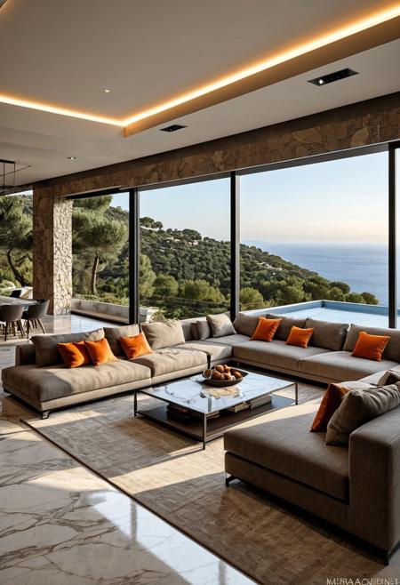 Darker tone modern living room, indoors, earthy, marble, interior, luxurious, very wide, sea view, hillside, masculine furniture, orange accents, olive trees framing the view, cosy, spruce forest around,  luxurious, warm led backlighting, stone, Ultra realistic architectual 3d render, floor to ceiling windows, photograph, pinterest, intricate details