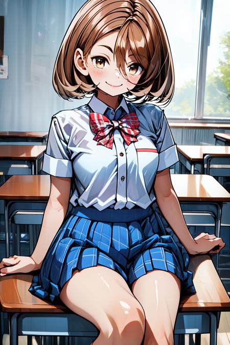 1girl, classroom, cowboy shot, smile, sitting, 
kohinata_poem, brown eyes, brown hair, short hair, (hair between eyes:1.4), red bowtie, school uniform, white shirt, short sleeves, blue skirt, plaid skirt, pleated skirt, <lora:kohinata_poem_lora_ver1:0.7>, best quality, masterpiece, highres, <lora:GoodHands-vanilla:1>