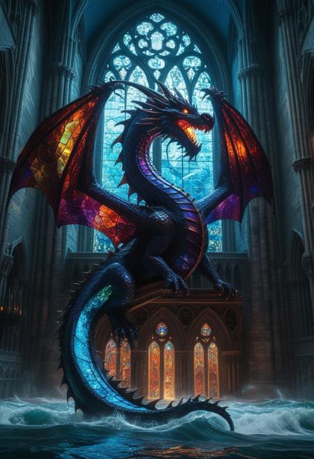 A colossal dragon made of shimmering stained glass, coiled around an ancient gothic cathedral floating above stormy seas, lightning illuminating the translucent scales a rich deep colors, dynamic ambient light, intricate architecture, ethereal atmosphere, 8k resolution, elegant and complex