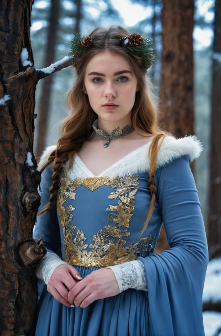 18 yo english girl,Focusing,breathtaking,nature,dgtlv2,8k,(wintertime:1.2),(snow:1.2),Snow on the tree,Pine forest,streams,Frozen stream,representational,fashion editorial,full body,looking at viewer,depth of field,(Grey blue gold Viking dress:1.2),(Victorian age),
<lora:add-detail-xl:0.7>,