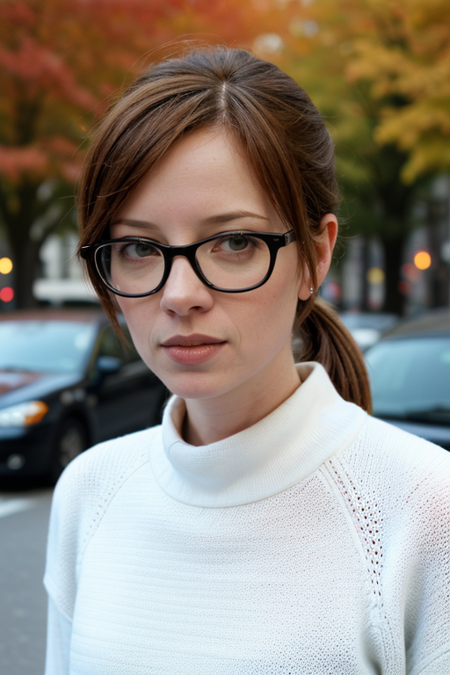 ShirleyManson, (masterpiece, high quality:1.3), (medium closeup:1.4), (smirk:0.5), (white knit sweater, black canvas skirt, white thighhighs:1.2), glasses, eyeglasses, one hand on hip, hand on waist, (autumn, fall colors, leaves falling, beautiful, gorgeous, ponytail, looking at viewer, facing viewer, city skyscrapers, bokeh:1.2), detailed background, standing on the sidewalk, parked cars, RAW photo, subject, 8k uhd, dslr, soft lighting, high quality, film grain, Fujifilm XT3