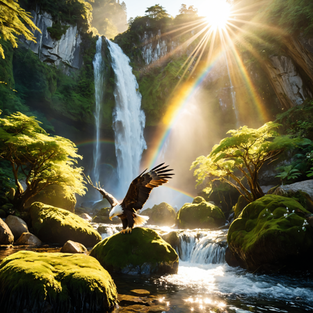 "Hyper-realistic fantasy landscape, shot on Sony A7 IV with 85mm GM lens at f/1.8, soft bokeh, dynamic range optimized for highlights and shadows. Floating islands with emerald-green forests and rugged cliffs, a majestic waterfall cascading into the mist below, sunlight refracting through the water creating prismatic glows. Golden hour illumination with volumetric god rays, subtle light reflections on wet rocks, ambient occlusion softened by atmospheric haze. Birds (eagles, phoenixes) with wing feathers catching sunlight. Luminous moss, scattered light blooms on foliage, delicate water spray with rainbow highlights. Ultra HD 8K, Leica Summicron color depth, natural vibrancy without oversaturation, Hasselblad-style tonal gradation, professional cinematic lighting, soft shadows with fill light, no crushed blacks."