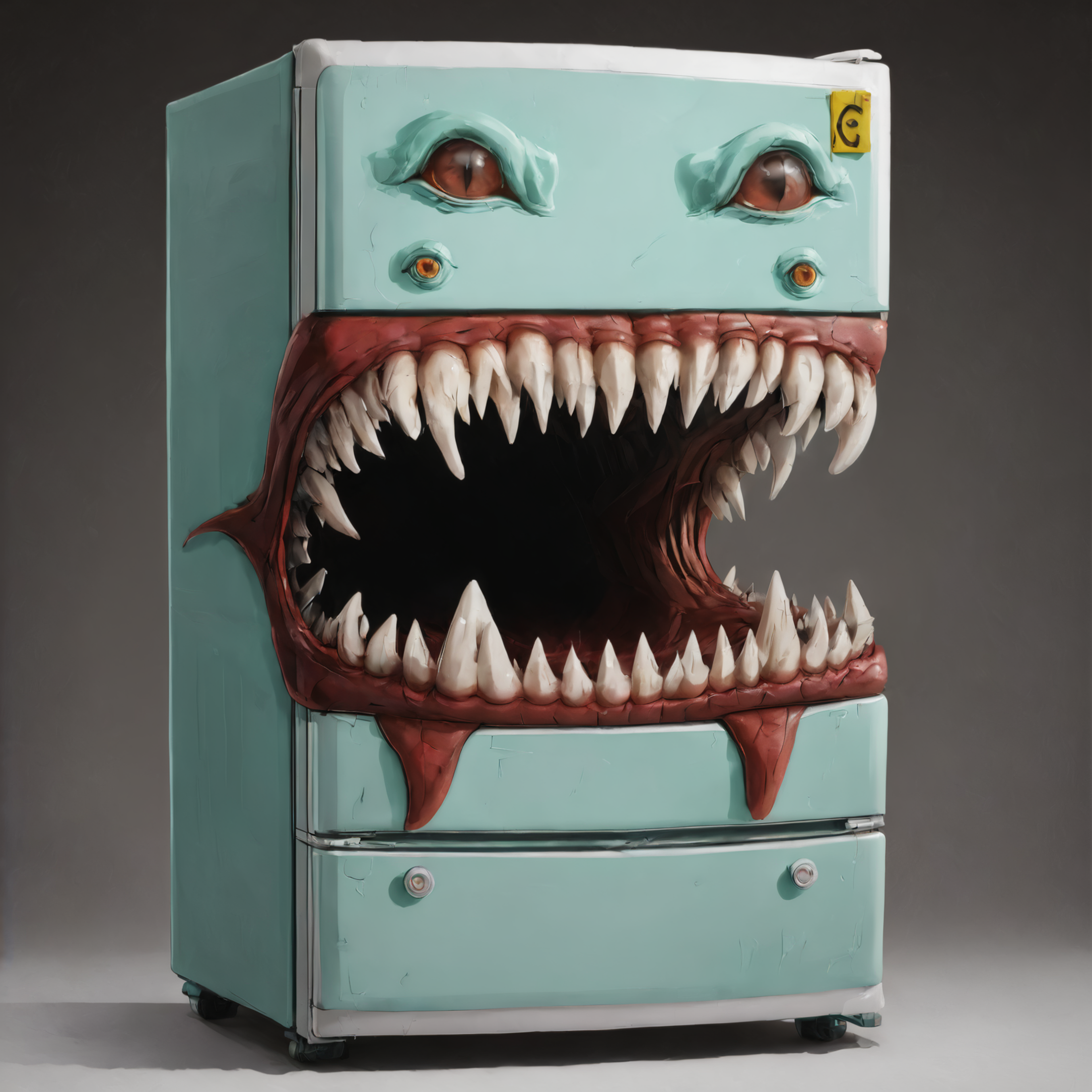 A monster-themed refrigerator with big teeth, fangs, and red eyes.