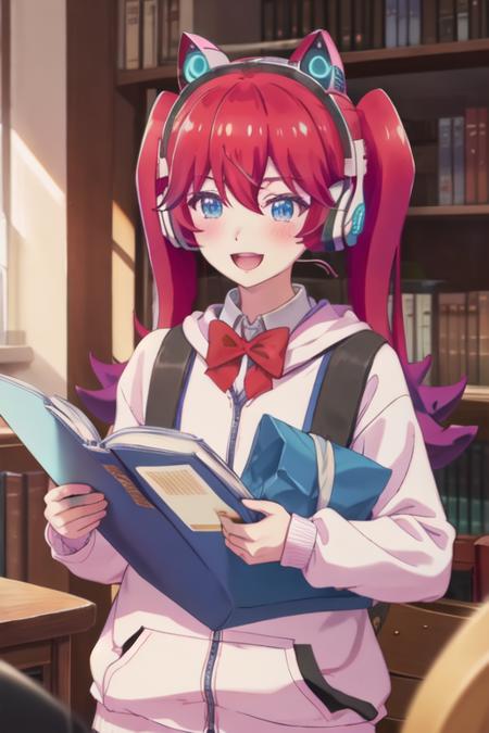 best quality, masterpiece, highres, solo, {irving_amelia_renaiflops:1.15}, red_hair, long_hair, twintails, blue_eyes, bangs, headphones, fake_animal_ears, animal_ear_headphones, animal_ears, cat_ear_headphones, hoodie, 1girl, bowtie, collared_shirt, open_mouth, red_bow, red_bowtie, smile, :d, blurry, blush, bookshelf, bow, hair_between_eyes, shirt, upper_body, white_shirt