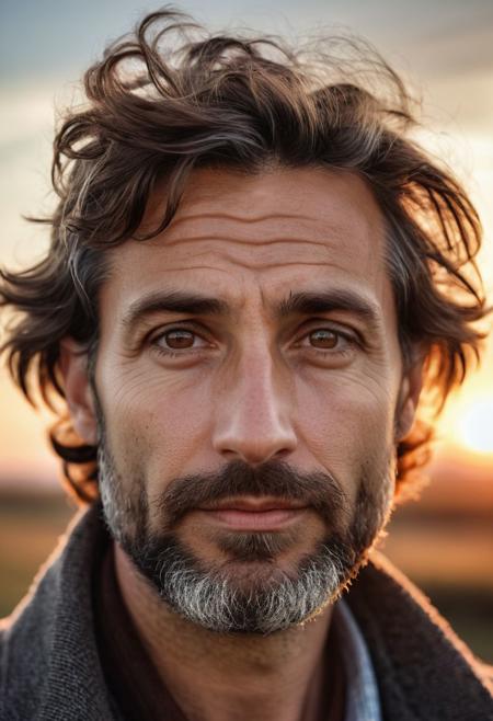 Stunning analogue photo of a beautiful 38 years old Dutch man, handsome, big brown eyes, thick eyebrows, brown hair, messy hair, thick lips, pleasant face and expression, beard, a view patches of gray hair in beard, Rembrandt style light, sunset, beautiful sky, incredibly realistic, hyperrealism