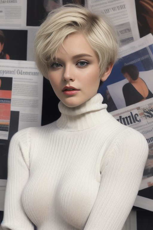 blonde 25-year-old girl with short pixie cut hair and big breasts wearing a soft turtleneck sweater, newspaper background,...