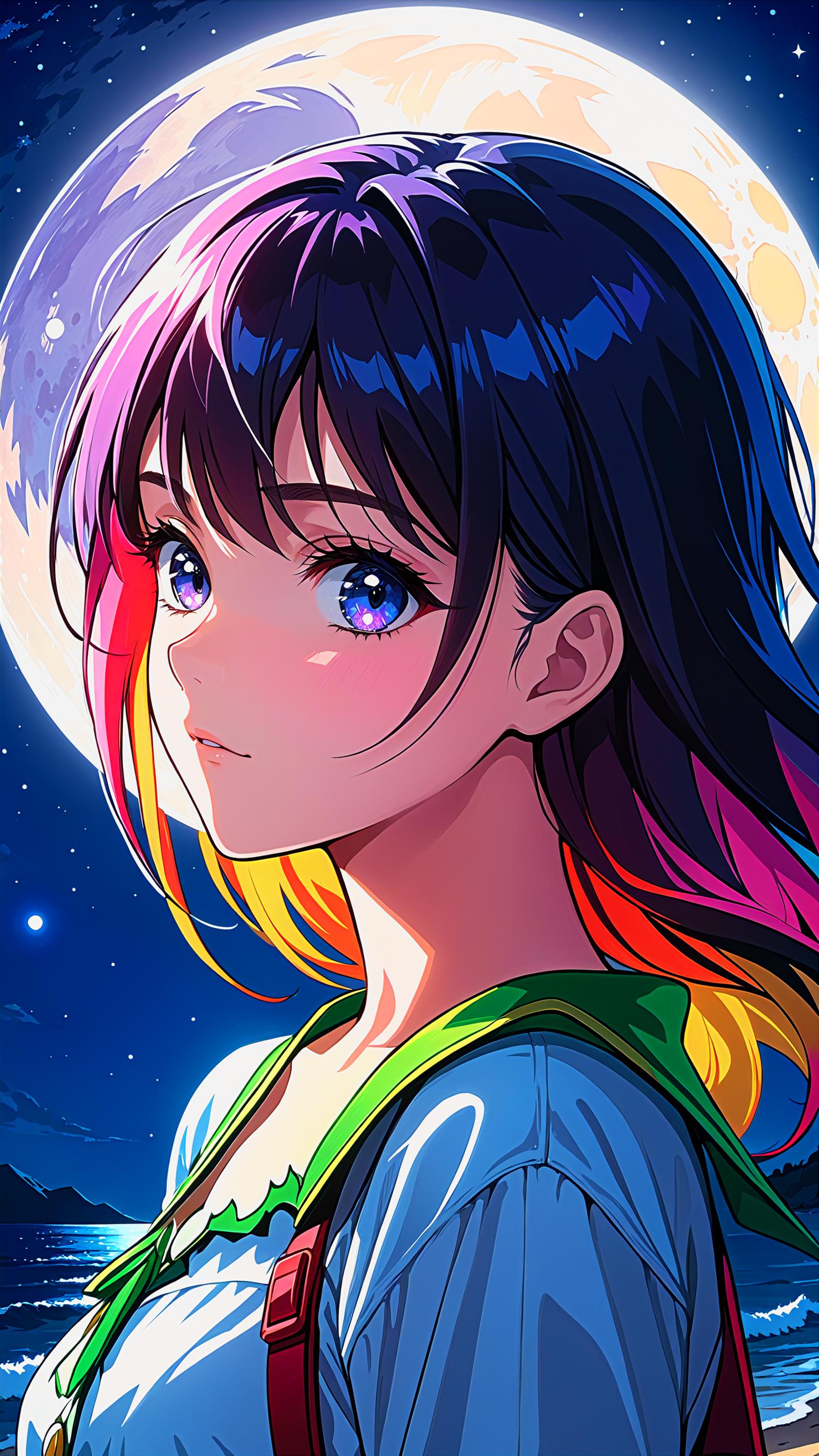 A colorful anime girl with purple hair and blue eyes stands in front of a moonlit sky.