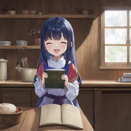 MFB style; Myne, happy, eyes closed, holding book; (masterpiece), photo; home, kitchen