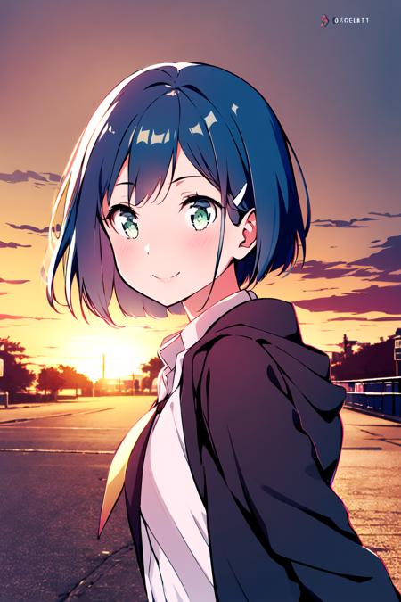 masterpiece, best quality, 1girl, solo, smile, <lora:meryV2:0.8>,  <lora:ichigoV2:0.8>, blue hair, green eyes, school uniform, hood, jacket, (expressionless),  cowboy shot, sunset, street, hairclip,