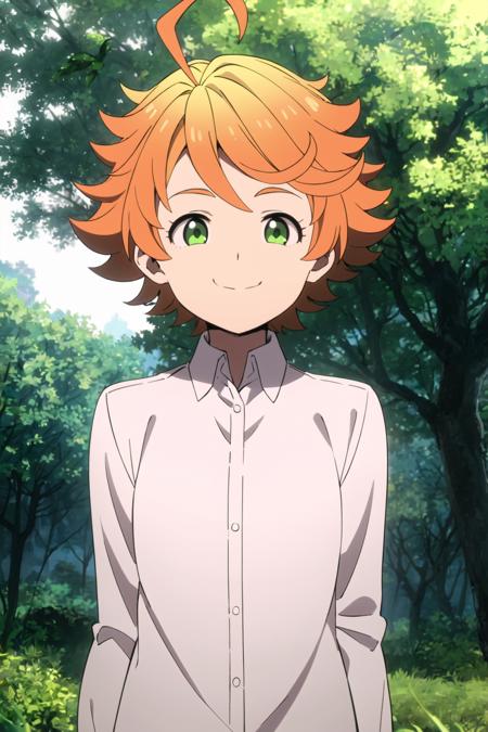 emma, neverland, 1girl, solo, upper body, nature, forest, bush, tree, looking at viewer, smiling, short hair, shirt, long sleeves, green eyes, white shirt, upper body, ahoge, outdoors, collared shirt, orange hair, <lora:Emma:0.7>