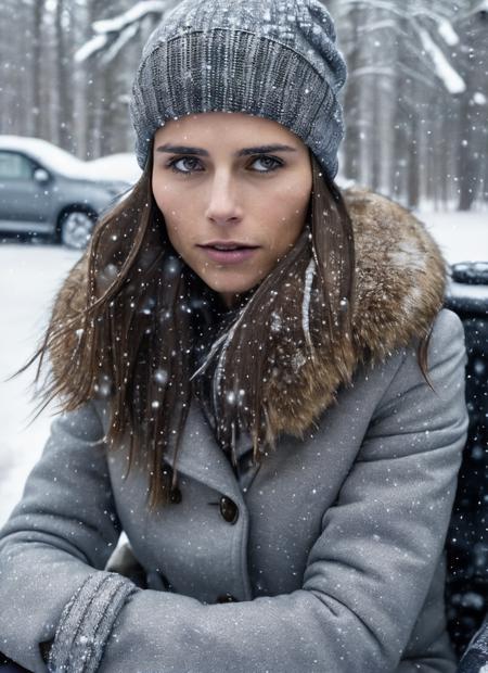 RAW photo of a sks woman, sitting in outdoor car ,winter ,snowy , ((wearing cap)), (detailed face), grunge, ((visual kai)),  ((full body)), (high detailed skin:1.2), 8k uhd, dslr, soft lighting, high quality, film grain, Fujifilm XT3, <lora:locon_jordana_v1_from_v1_64_32:1.3>