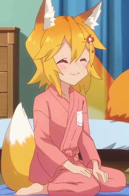 senko-san sleepwear, day, inside, stretching, (sitting on a bed:1.3), (wide shot:1.3), pink pajamas, bright, orange fox tail
<lora:MultiSenko v1.0b:1.0>