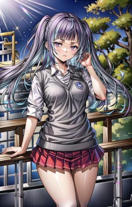 (masterpiece, top quality, best quality, official art, beautiful and aesthetic:1.2),(8k, best quality, masterpiece:1.2), 1girl, solo, Yuki Himeno, (looking at the viewer, cowboy shot:1) (purple hair:1.5, blue hair, twintails, streaked hair, multicolored hair, blunt bangs:1.5), (purple eyes, shining purple eyes:1.3), [bored, frown:1.2], [medium breasts:1.3], [sexy, mature:1], (school uniform, red pleated skirt, grey sweater vest, white shirt, kneehighs:1.25), <lora:more_details:.6>, <lora:YukiLora-05:.8>