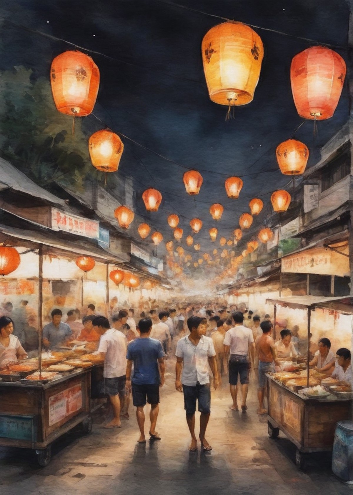 A bustling night market in Bangkok with lanterns illuminating the array of street food vendors