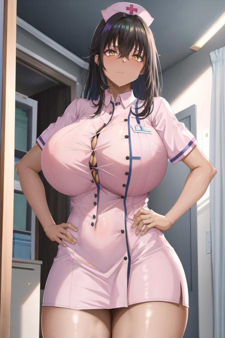 masterpiece, 1girl, absurd res, 1girl, solo, dark-skinned female, dark skin, yellow eyes, black hair, straight hair, ahoge, long hair, nurse outfit, nurse, nurse skirt, nurse shirt,  (worried:1.2), hand on hips, (huge breasts:1.2) <lora:Chomikuplus-Style-000155:1>