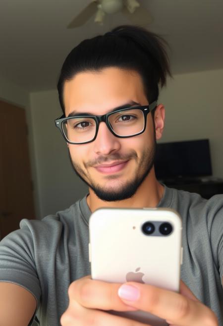 Selfie of a 32 year old male, attractive face, white, American, [Mexican], long dark hair up in a ponytail, [sad eyes], brown eyes, small nose, full lips, nice groomed beard, iphone camera picture, digital photograph, black rectangle glasses. confident face, [smille]