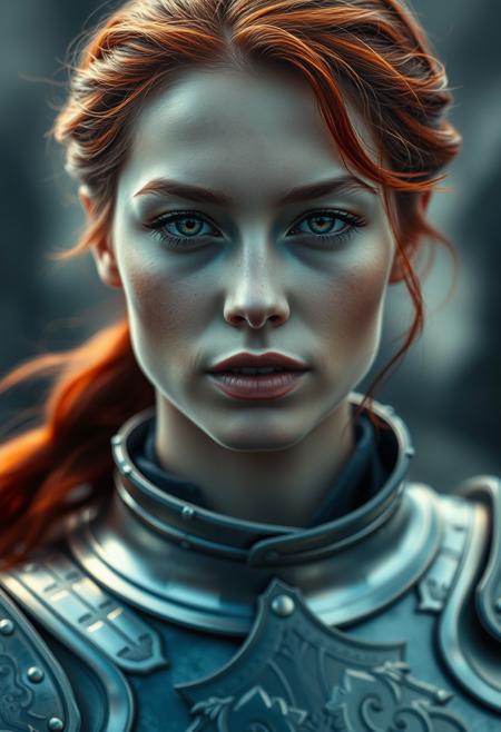 portrait of a female in silver medieval armor, fine realistic crimson red hair, attractive, looking at viewer, photo-realistic detailed soft skin, realstic lips, 4k, full length frame, High detail RAW color art, diffused soft lighting, shallow depth of field, hyperrealism