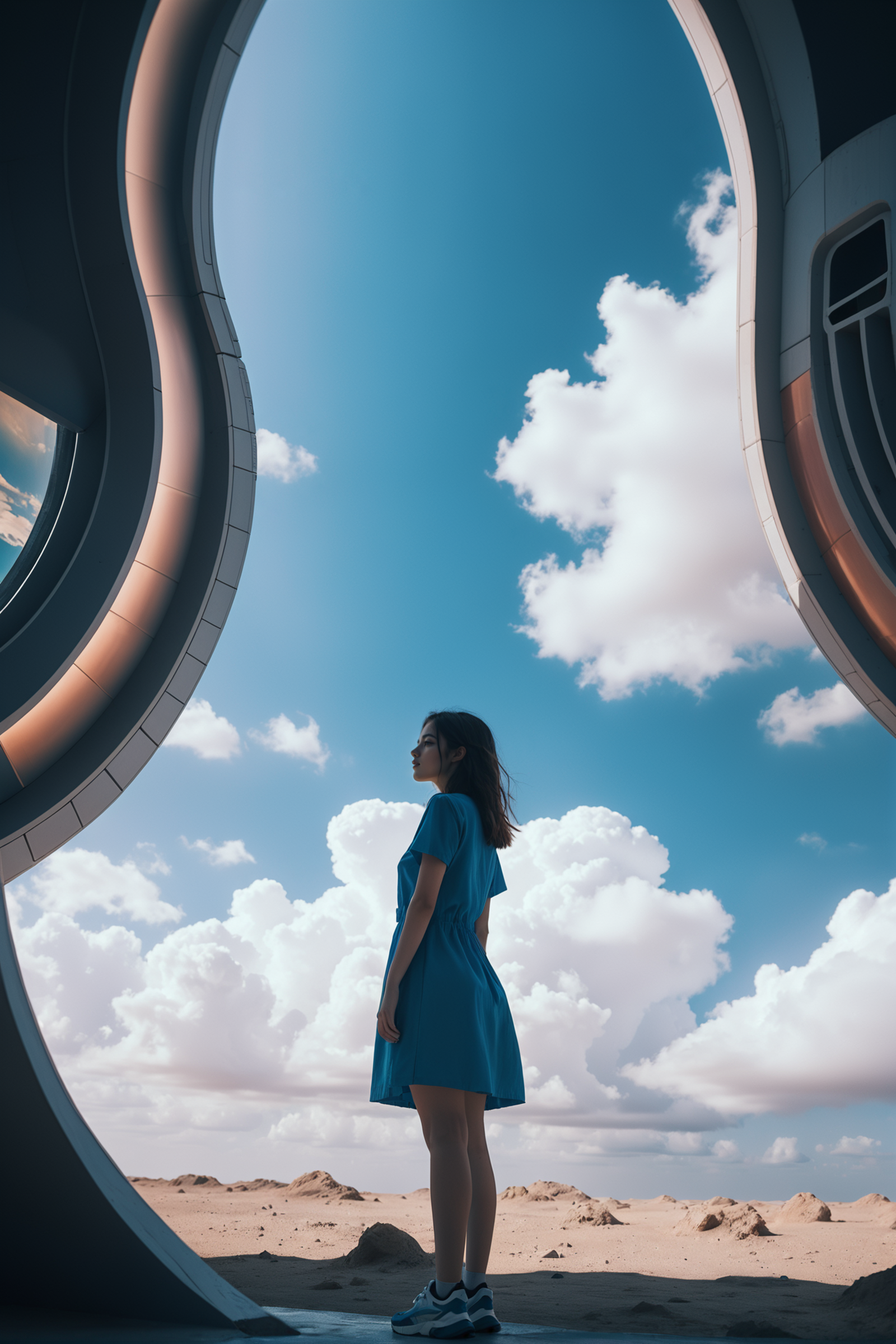 photograph, cinematic color grading, scifi, <lora:EnvySendNoodzXL01:-1>1girl, woman, beautiful, noon, blue sky, clouds, sc...