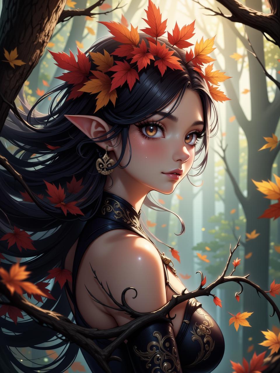 Close-up portpait. Elaborate fantasy scene featuring a figure entwined with dark, twisting branches and vibrant autumn leaves. The figure has long, flowing hair that blends seamlessly with the surrounding foliage. A crown made of red and orange leaves adorns the head, enhancing the ethereal quality of the setting. The skin is pale and contrasts beautifully with the dark branches and rich colors of the leaves. The background is a misty forest, with muted earthy tones and hints of soft green, creating a mystical atmosphere. The lighting is soft and diffused, adding to the dreamlike quality of the scene. The overall aesthetic leans towards hyperrealism, with intricate details in the texture of the hair, skin, and foliage, capturing a sense of enchantment and connection to nature. cel-shaded anime style <lora:73a_flux:0.8> <lora:fca_style_32:0.6> <lora:glowing_flux:0.8> <lora:Anime_detail_eye:0.7>