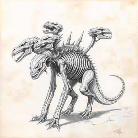 technical drawing, archeology, fantasy, fossils, multiple heads, legs and arms, animals, spikes, jagged ridges, scales, creature, ribs, ugly