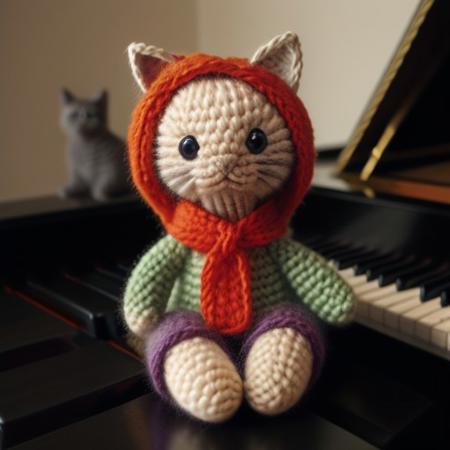 a cat made from knit, weaved cat, An amigurumi cat on the piano, knit cat, a photo-realistic portrait, captured with a Canon EOS R5 camera and a macro lens for detailed wildlife portraits. The high-resolution, HDR image has a National Geographic-style aesthetic.detailxl,knitting