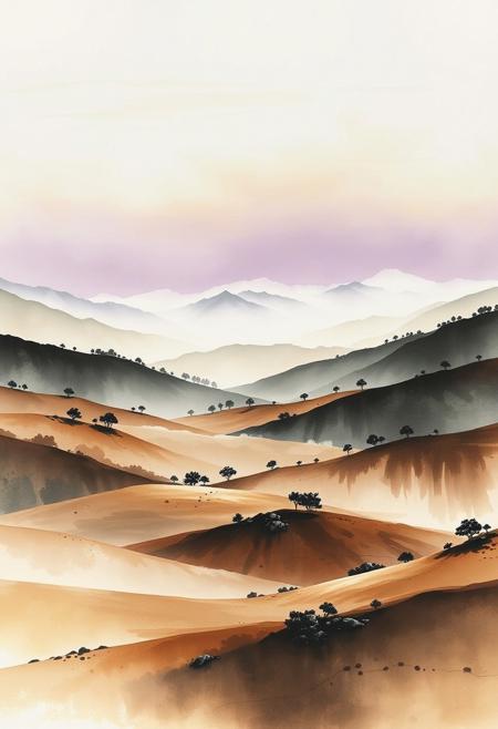 Expansive ink-infused landscape: rolling hills dotted with trees and stones, deep valleys wrapped in soft mist. Sky with gradient washes from pale dawn to dusky violet. Ink textures spill into contours of the land, dynamic splatter motion suggesting wind across fields. Moody earth tones, minimalist horizon, painterly depth with expressive ink contrasts.