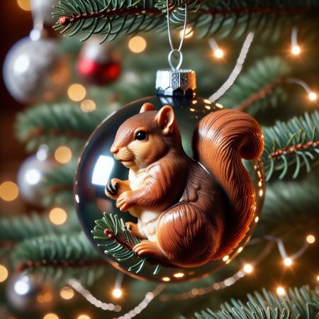 very realistic close-up photograph of a  Christmas sphere with a squirrel on it hanging in a Christmas tree branch