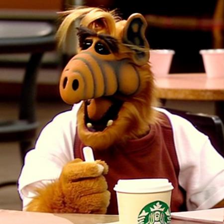 alf person drinking coffee at Starbucks.