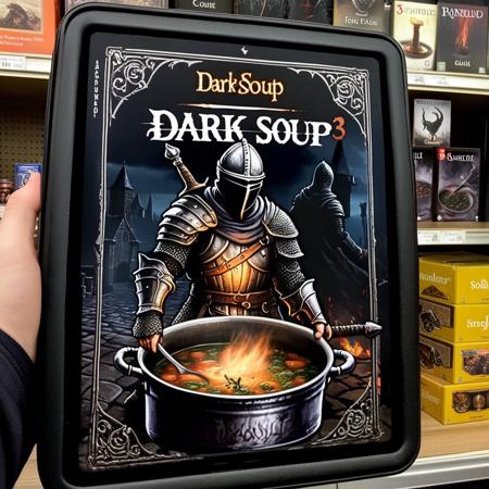 A PC game being held in a game shop. The game logo says "Dark Soup 3" using the Dark Souls 3 font. The artwork on the case shows the main character of Dark Souls 3 preparing soup in a cooking pot.
