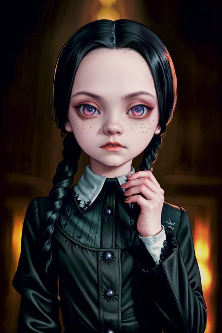 cute wednesday addams wednesday90, in a gothic victorian manor parlor (masterpiece:1.2) (photorealistic:1.2) (bokeh) (best quality) (detailed skin:1.3) (intricate details) (8k) (HDR) (analog film) (canon d5) (cinematic lighting) (sharp focus) <lora:wednesday90:1>