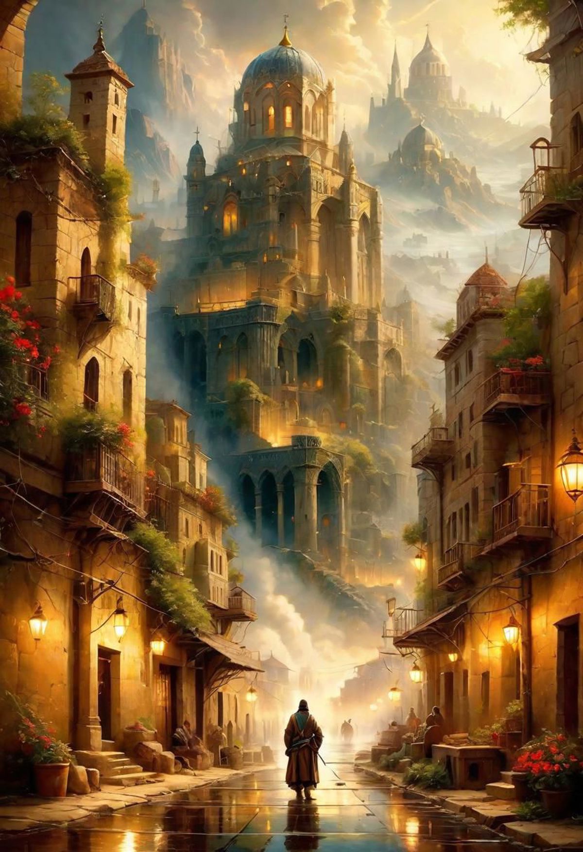 A magical city scene with a majestic castle in the background and people walking down the street.