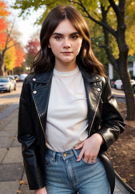 emila_jones, tall, beautiful woman, outside, park, trees, fall, winters. leather jacket, jeans, hi detail, sharp focus, perfect lighting, awesome, dslr, 4k high quality. extra detail, extra sharp, magical, perfect moment, natural skin, pores