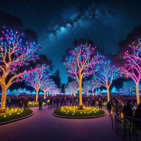 LED, colorful LED lights, trees decorated with colorful LED lights, City Park, people around the place, detailed background, detailed texture, Night sky.