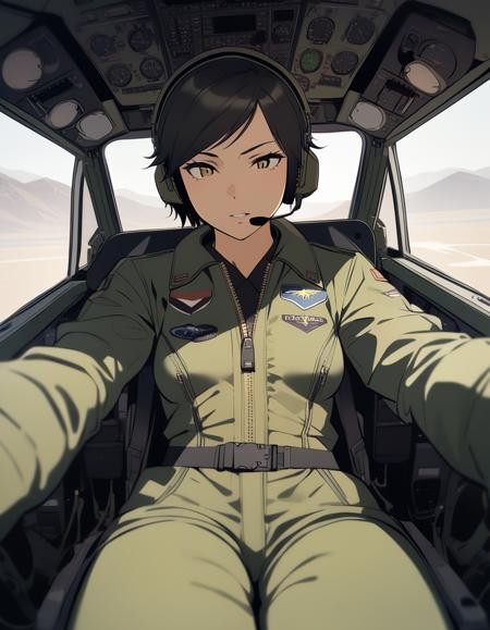 (masterpiece,best quality),1girl,taliana,sitting,front view,at controls,short hair,small breasts,wearing flight suit,headset,inside helicopter cockpit,<lora:TalianaAnimagineXL:0.8>