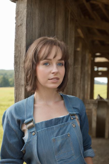 closeup, facing viewer, (masterpiece:1.1), (highest quality:1.3), (realistic:1.3), (realism, hyperrealism:1.2), intricate detailed skin, (high detail:1.1), wearing denim overalls on a dairy farm with barn behind her, high dynamic range, directional lighting, sharp focus, <lora:HaydenWinters4:1>