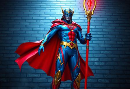 Elemental HERO Electrum superhero, vibrant blue/red suit, flowing red cape, gold emblem helmet, holding red staff, stands before a textured brick wall. Dynamic pose, creative low angle perspective, dramatic volumetric lighting, cinematic atmosphere. High-res 4K, Octane Render, Unreal Engine 5, beautiful matte painting, splash ink illustration. Lifelike details, sharp lines, stunning harmonious multi-colors, impeccable composition, golden ratio. CGSociety, trending on ArtstationHQ.
