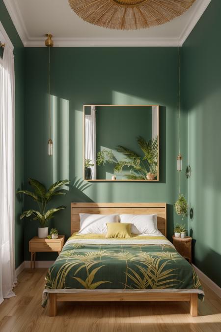 photography, bedroomtropical twinbed with green wallpaper, plant, dim light, mirror, yellow curtains, flower paintings, ornament, wooden floor, yellow light, dawn, palm tree, waterfall, stone, <lora:ARWBedroomTropical:1>