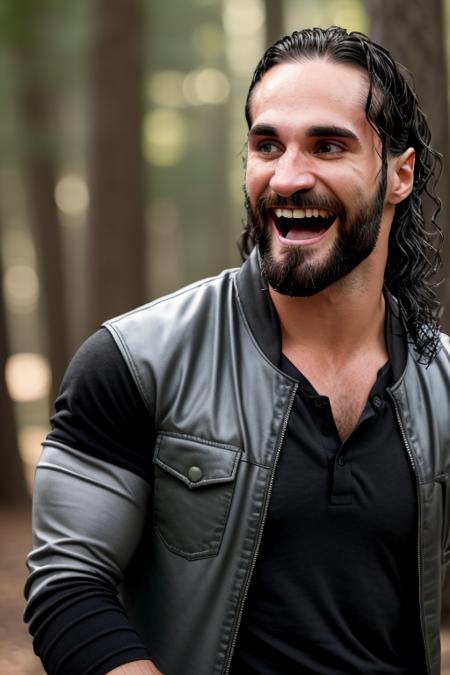 portrait of seth rollins, (laughing:0.8), full clothes, shirt, casual, in a forest, sunlight, warm colors, natural lighting, bokeh, bloom, light particle, <lora:Nlo_SethRollins_v1:1>